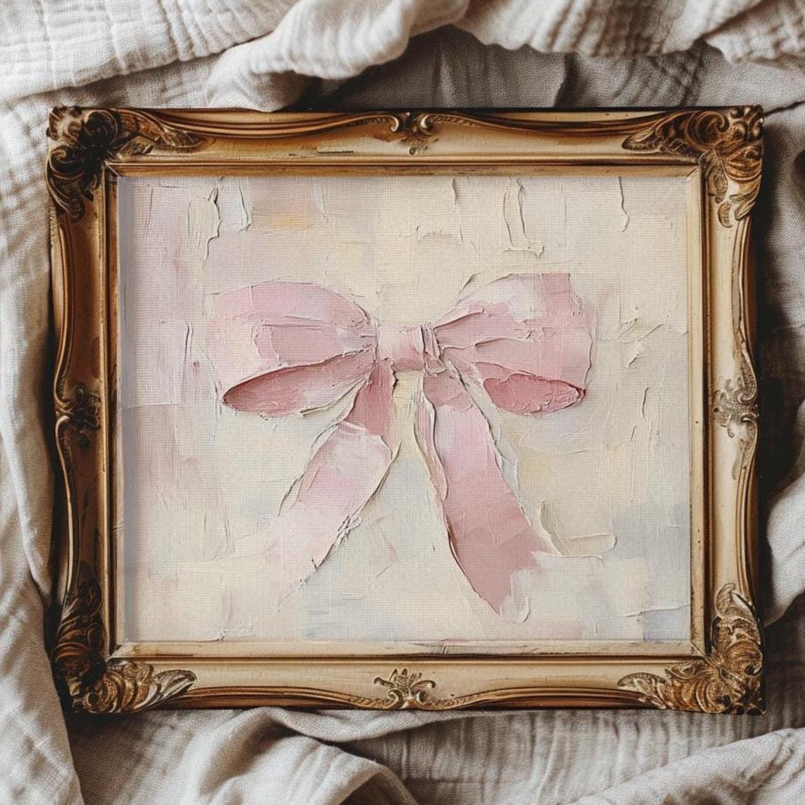 Delicate Pink Ribbon Bow Minimalist Oil Painting on Cream Poster