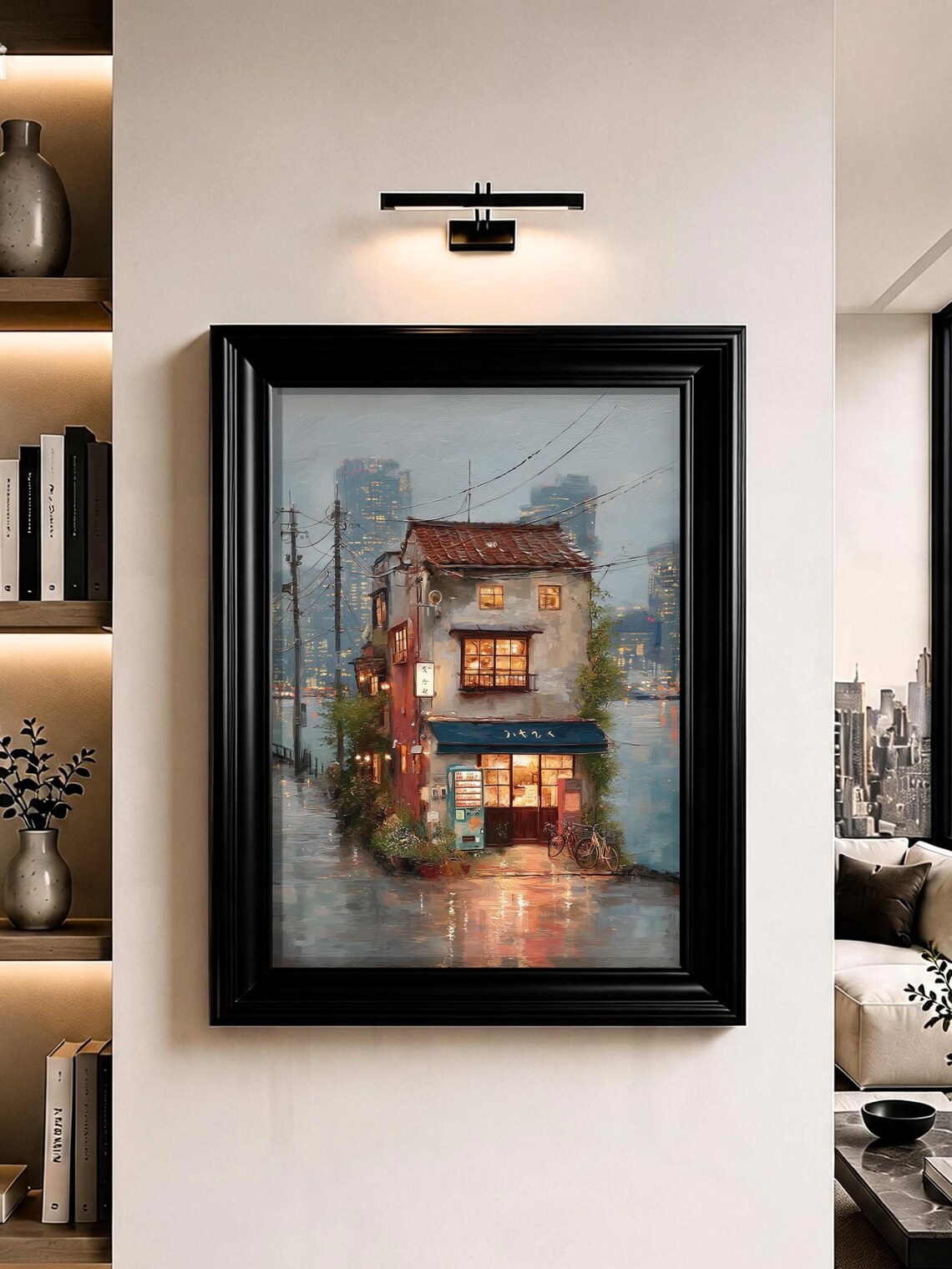 Tokyo Rainy Night Cafe Neon Reflections Oil Painting Poster Home Decor