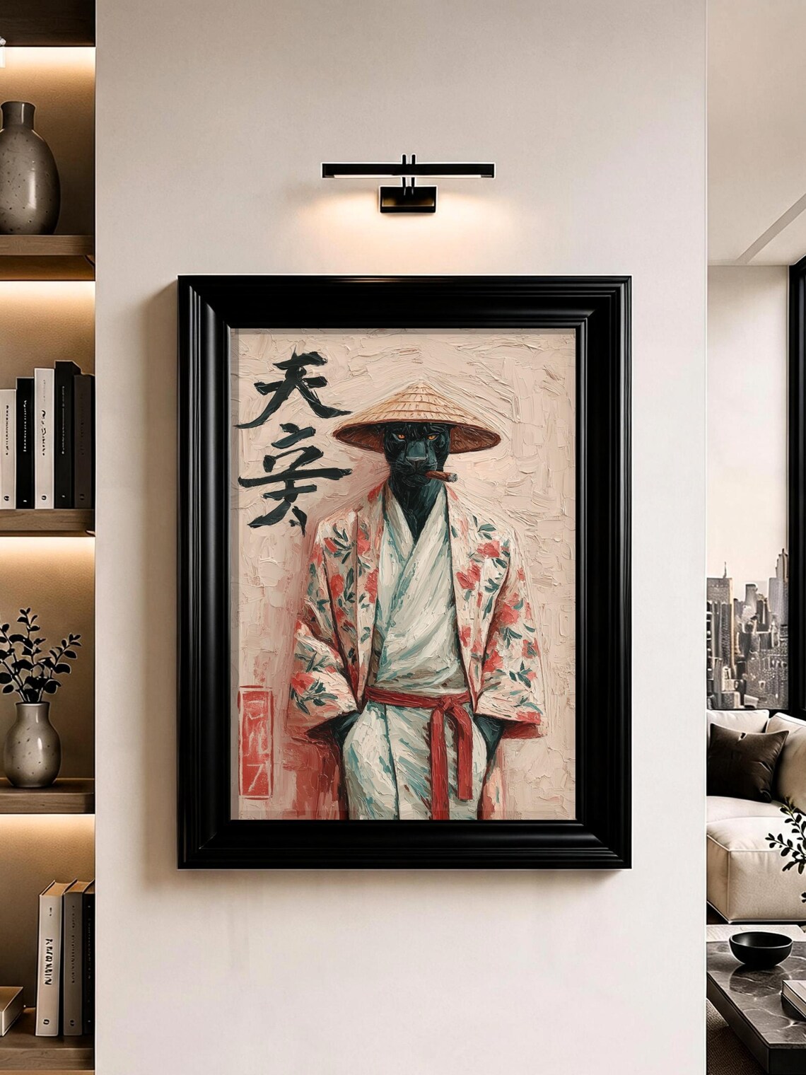 Samurai Black Panther Kimono Cigar Oil Painting Poster Home Decor