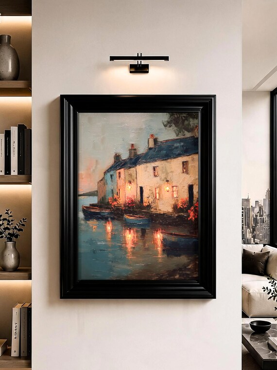 Coastal Cottage Harbour Wall Art British Seaside Oil Painting Print