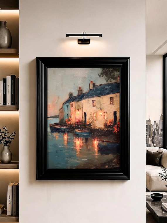 Coastal Harbor Village at Dusk with Boats and Glowing Window Lights Poster