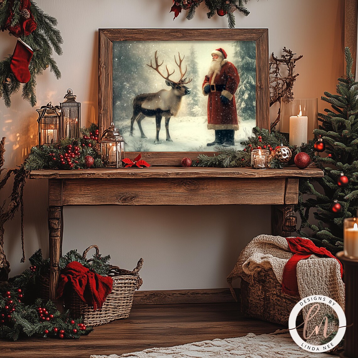 Vintage Santa Claus Reindeer Snowy Forest Christmas Nostalgic Poster - Image 2