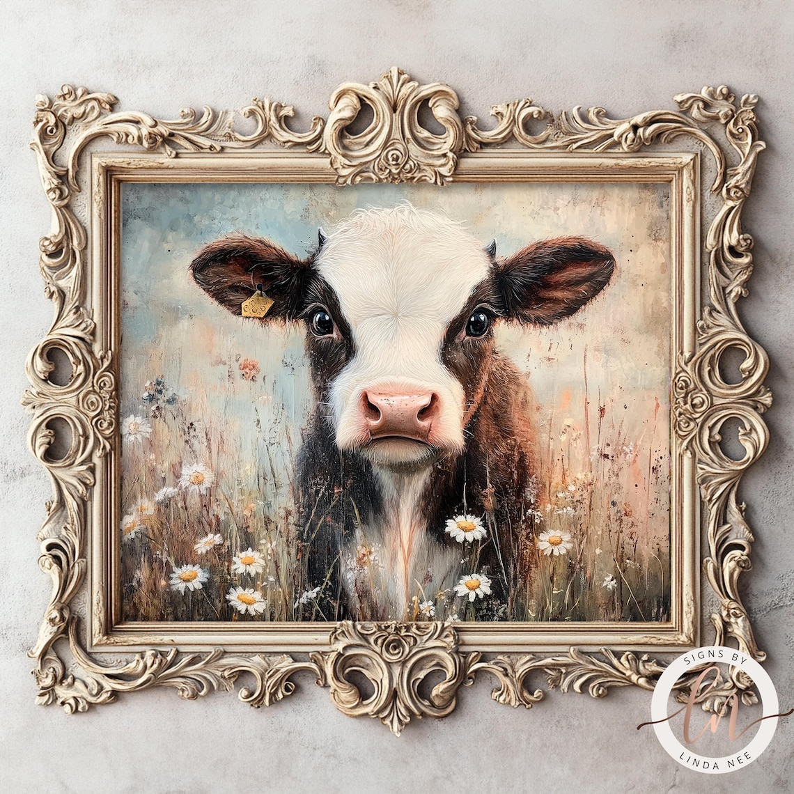 Moody Baby Cow Vintage Oil Painting, Farmhouse Art Print