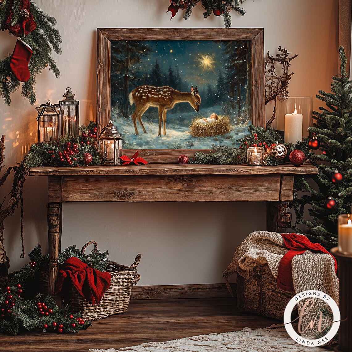 Baby Jesus and Deer Nativity Christmas Wall Art Print - Image 3