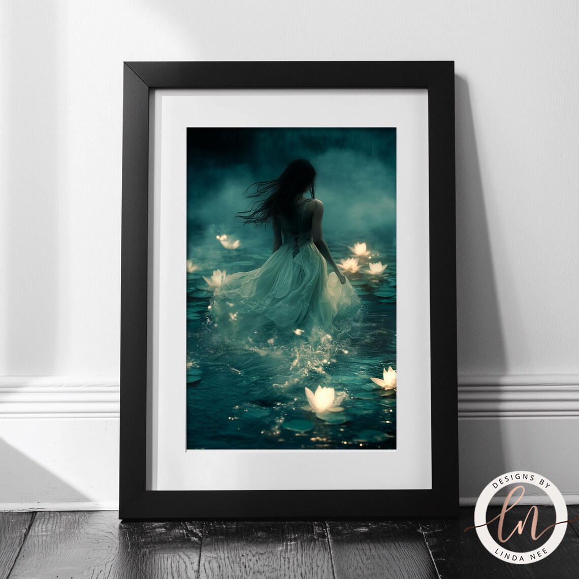 Woman in Lake With Glowing Lilies, Dark Academia Art Print - Image 3