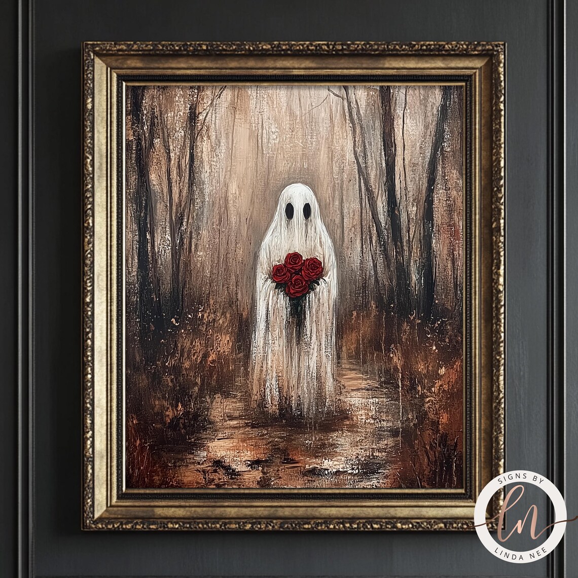 Romantic Ghost Holding Red Roses Dark Forest Gothic Valentines Wall Poster - Image 3