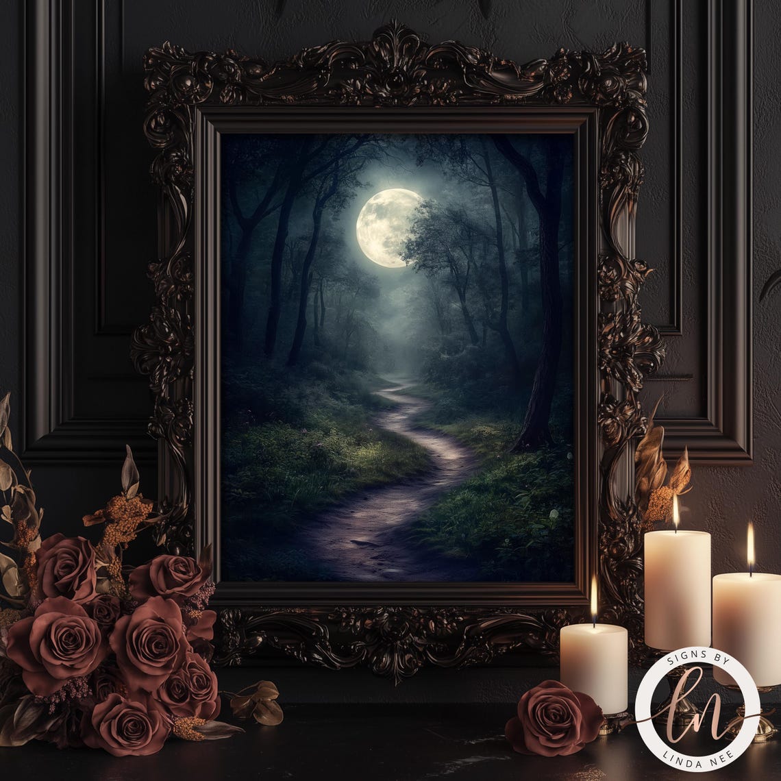 Full Moon Misty Forest Path Night Dark Moody Woodland Wall Art Poster - Image 3