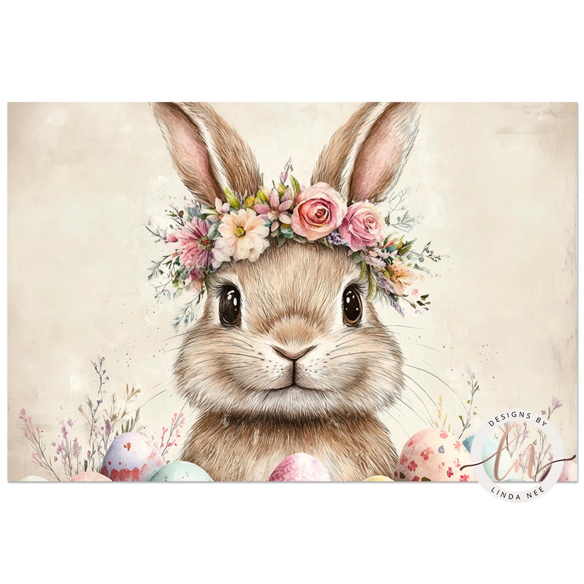 Easter Bunny Floral Crown Painted Eggs Cute Spring Nursery Art Poster - Image 5