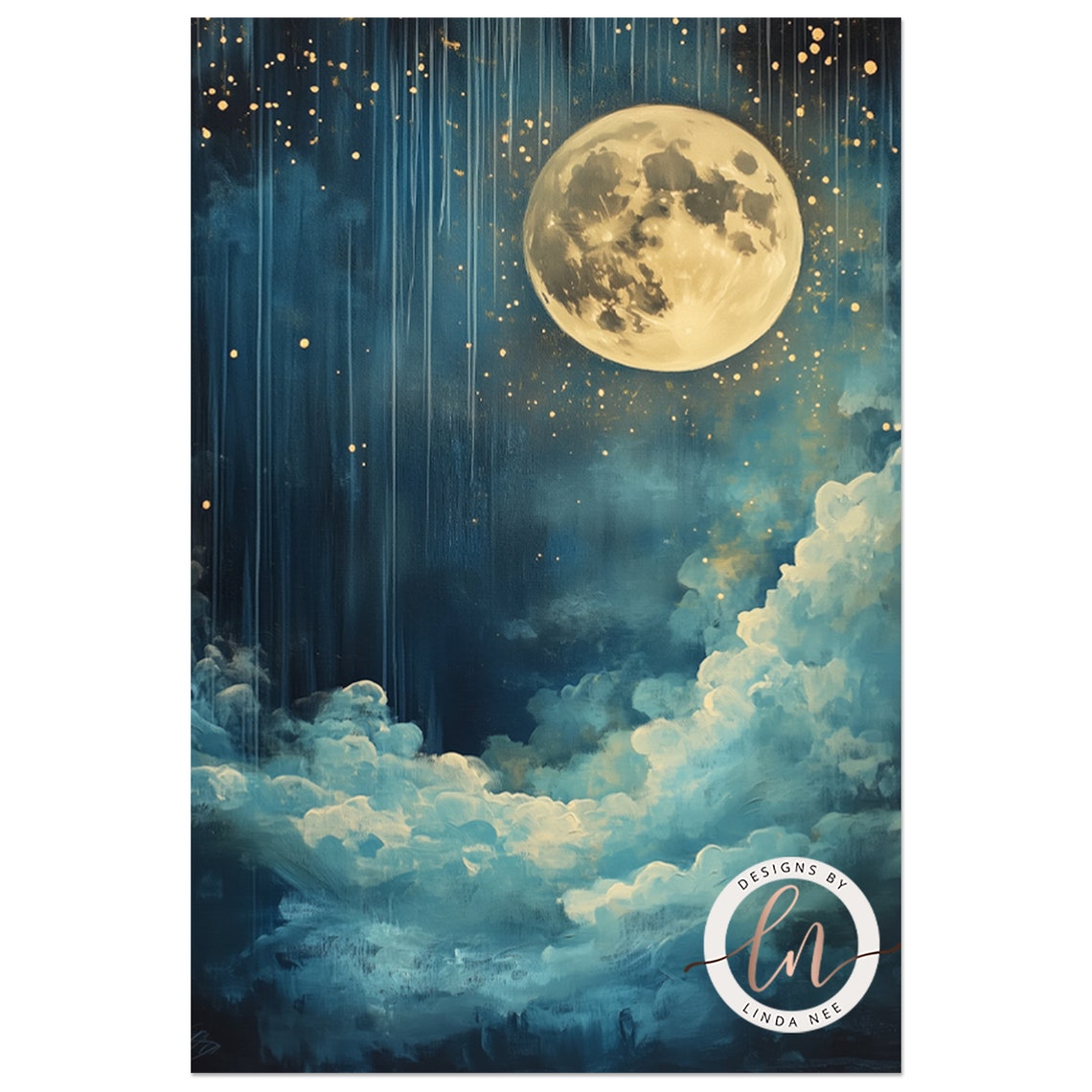 Celestial Golden Full Moon Clouds Teal Starry Night Sky Dreamy Poster - Image 2
