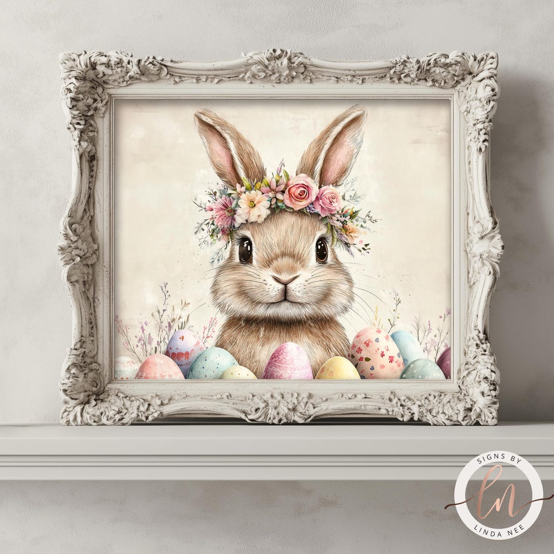 Easter Bunny Floral Crown Painted Eggs Cute Spring Nursery Art Poster - Image 4