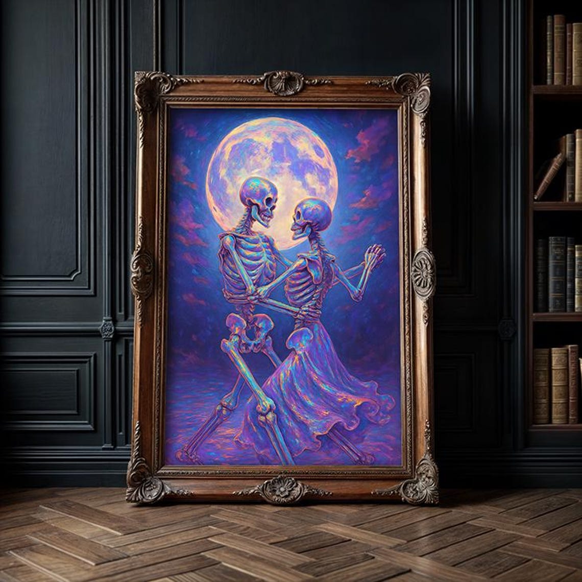 Skeleton Couple Dancing Print Iridescent Moonlit Gothic Art