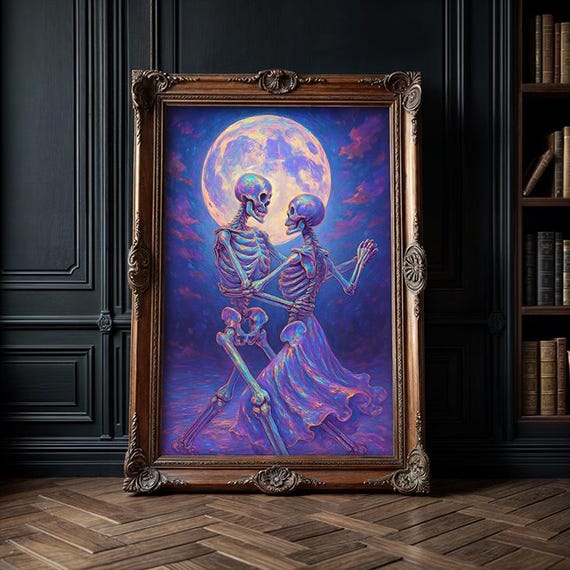 Skeleton Couple Dancing Print Iridescent Moonlit Gothic Art