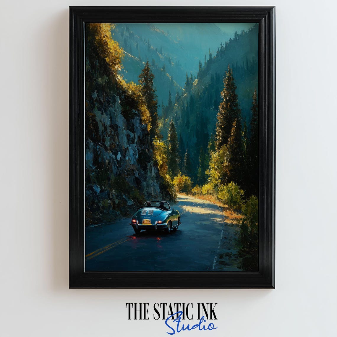 Blue Vintage Convertible On Sunlit Forest Canyon Mountain Road Poster