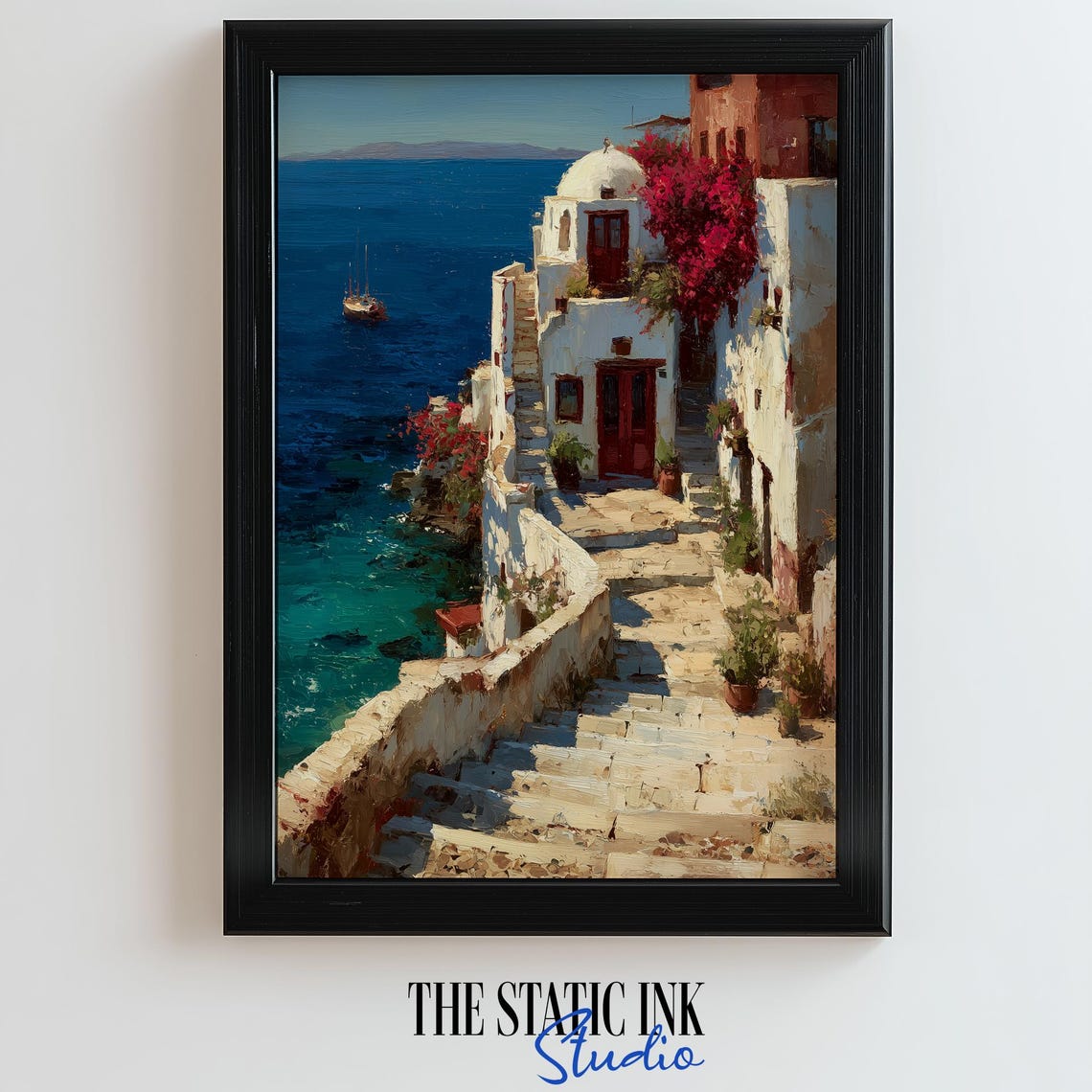 Sunlit Santorini Steps With Bougainvillea Overlooking The Sea Poster
