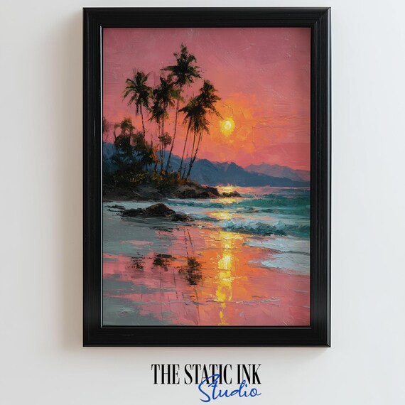 Tropical Sunset Palm Beach Pink Sky Island Paradise Painting Poster