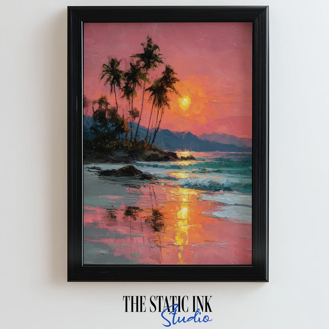 Tropical Sunset Palm Beach Pink Sky Island Paradise Painting Poster
