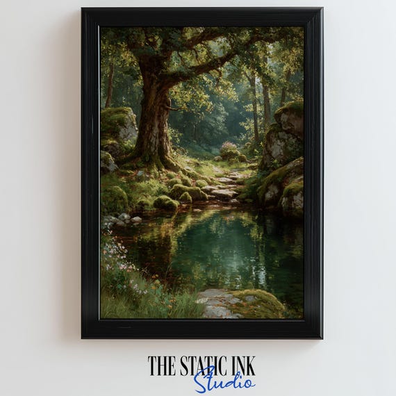 Enchanted Forest Pond Art Print With Mossy Rocks Ancient Tree And Wildflowers Serene Nature Scene Wall Decor For Home