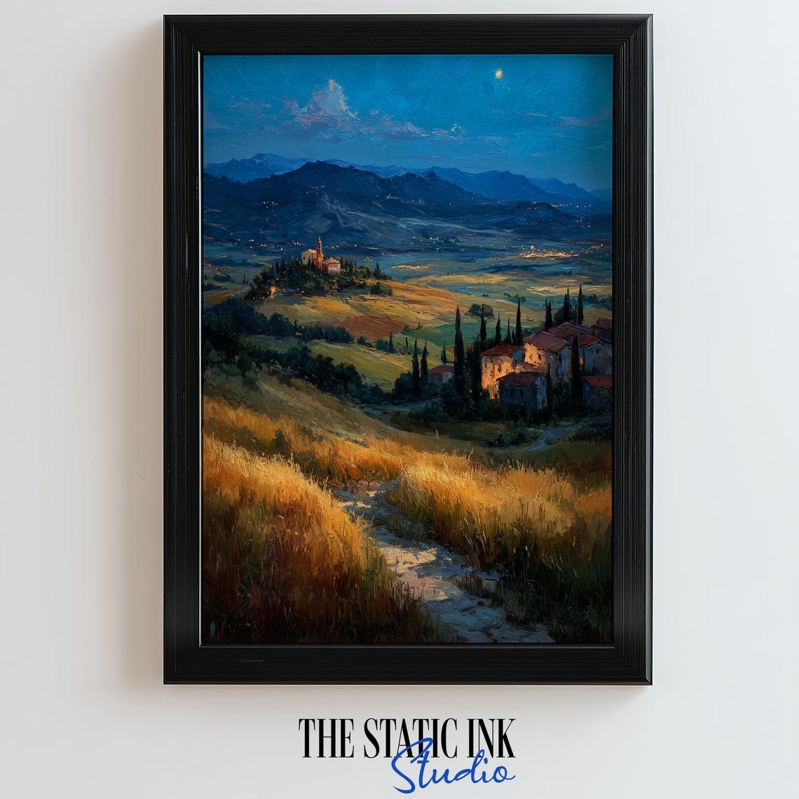 Moonlit Tuscan Village Night With Rolling Hills And Fields Poster