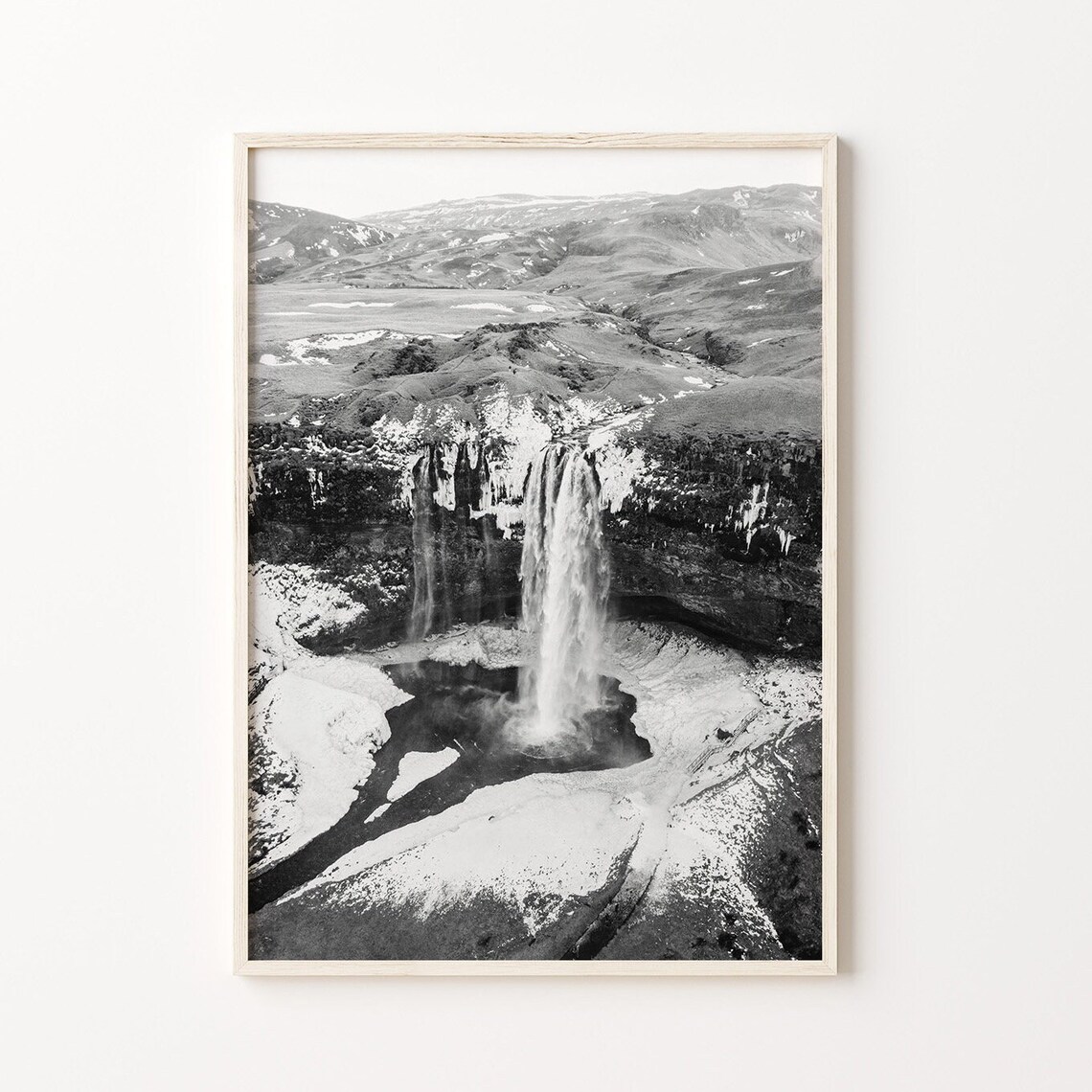 Iceland Waterfall Pouring Over a Cliff Edge Black White Landscape Photo Poster - Image 2