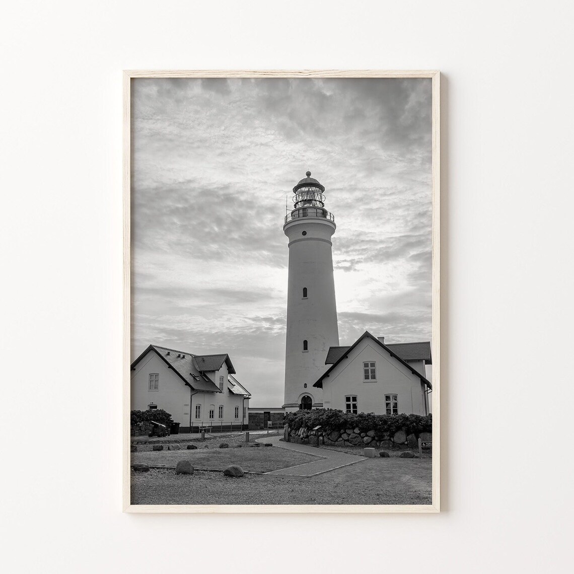 Tall Coastal Lighthouse Between Two Keeper Houses Black White Nautical Poster - Image 4