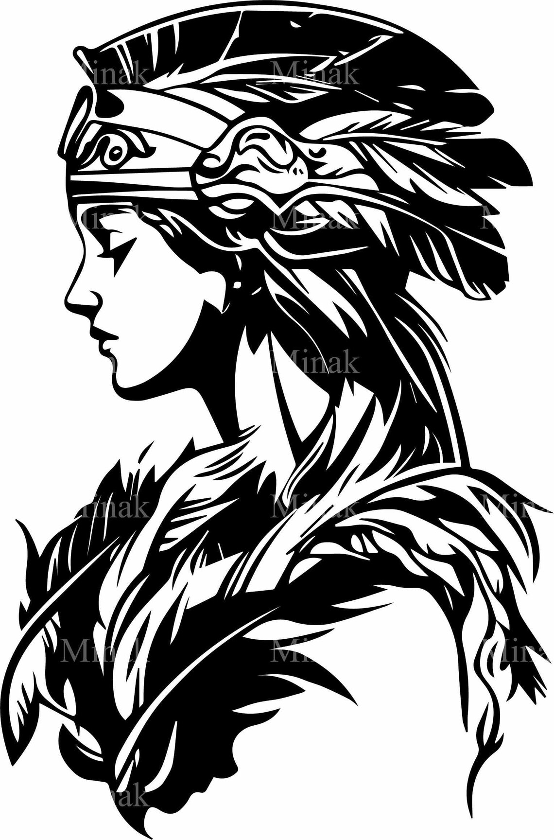 Fierce Warrior Goddess Feathered Headdress Bold Silhouette Poster - Image 2