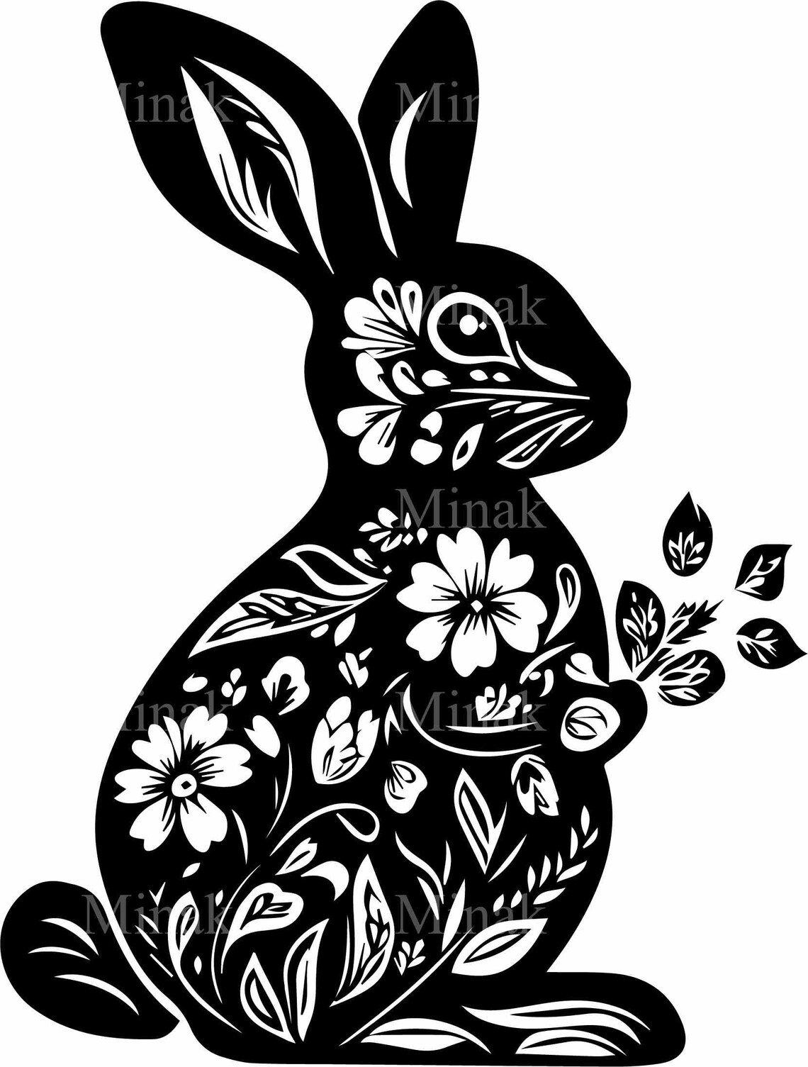 Floral Rabbit, Decorative Bunny Silhouette