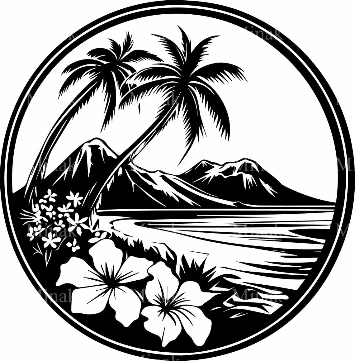 Tropical Beach Circle Palm Hibiscus Ocean Waves Island Poster - Image 2