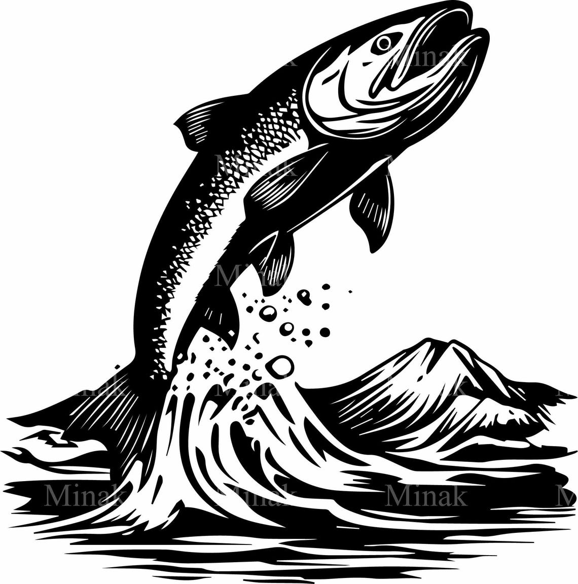 Leaping Fish Splashing Waves Mountain Silhouette Fishing Poster - Image 3