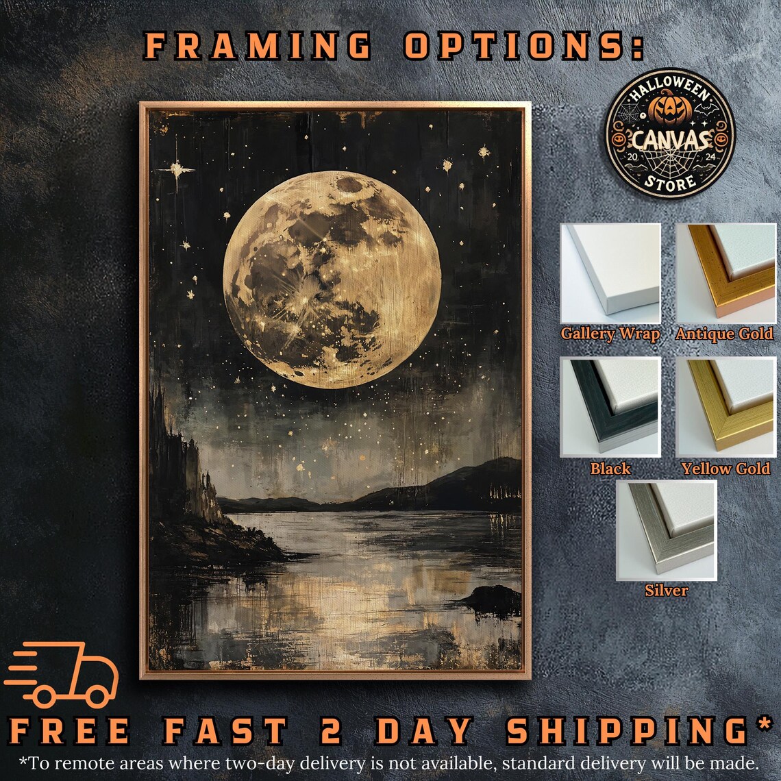 Golden Full Moon Over Moonlit Lake Mountains Surreal Night Sky Wall Poster - Image 5