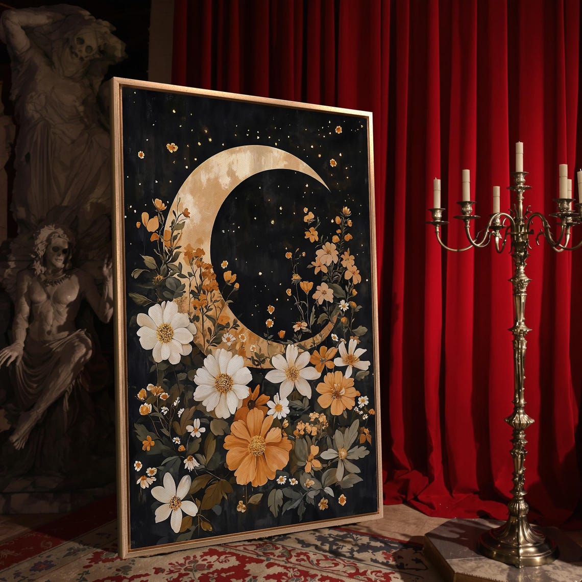 Golden Crescent Moon Over White Wildflowers In Starry Night Sky Poster - Image 4