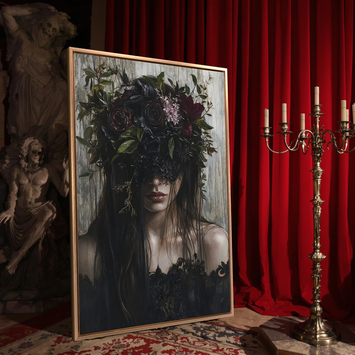 Dark Haired Girl With Black Floral Veil Mysterious Gothic Flower Poster - Image 4