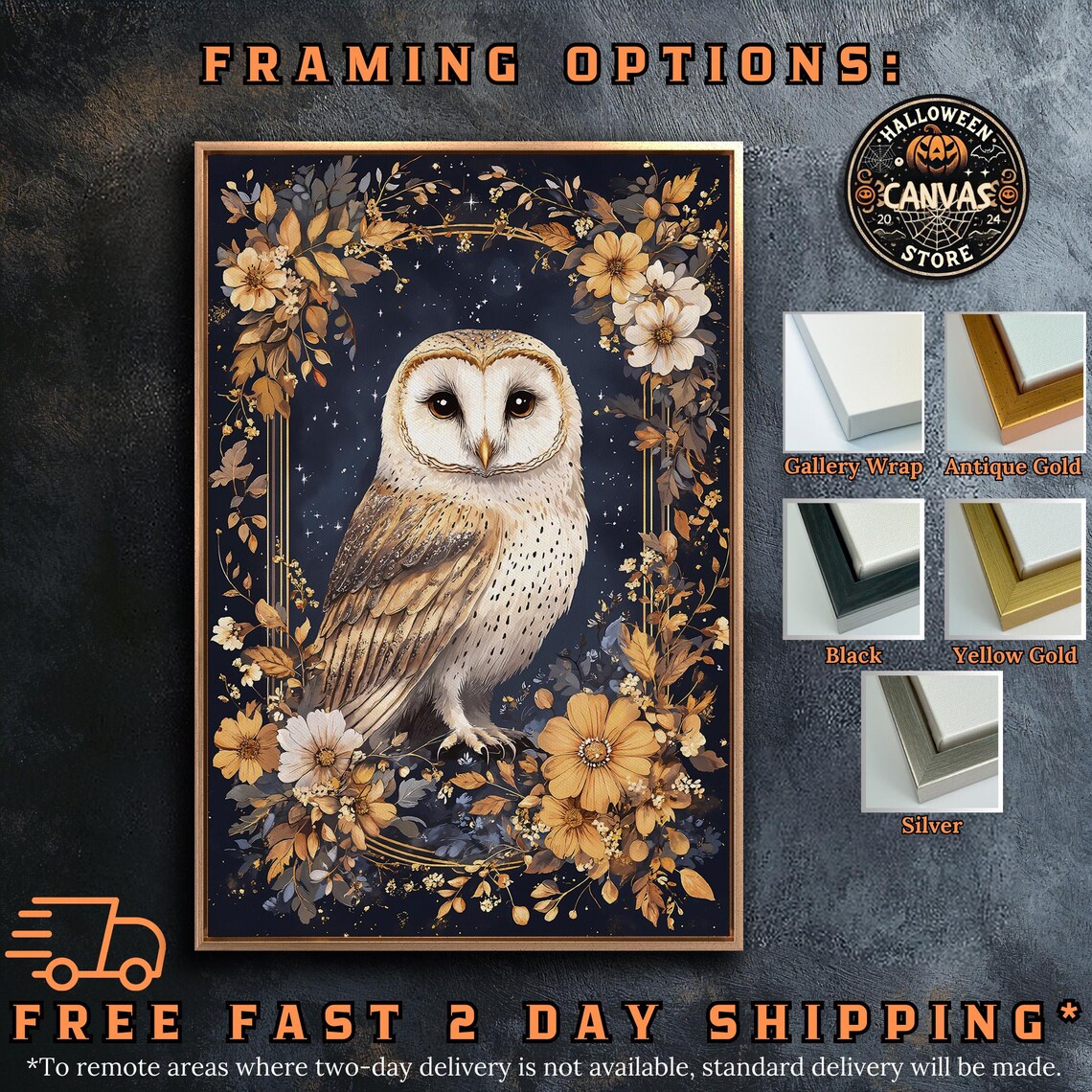 White Barn Owl Surrounded By Daisies Starry Night Floral Arch Art Poster - Image 5