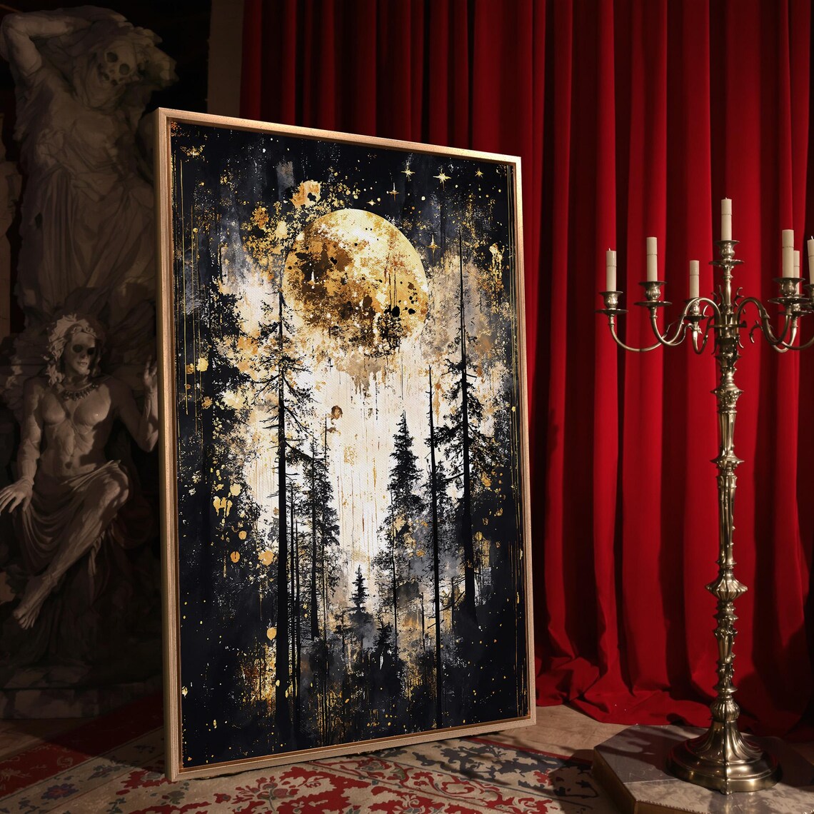 Gold Full Moon Rising Over Dark Pine Forest Mystical Surreal Night Poster - Image 4