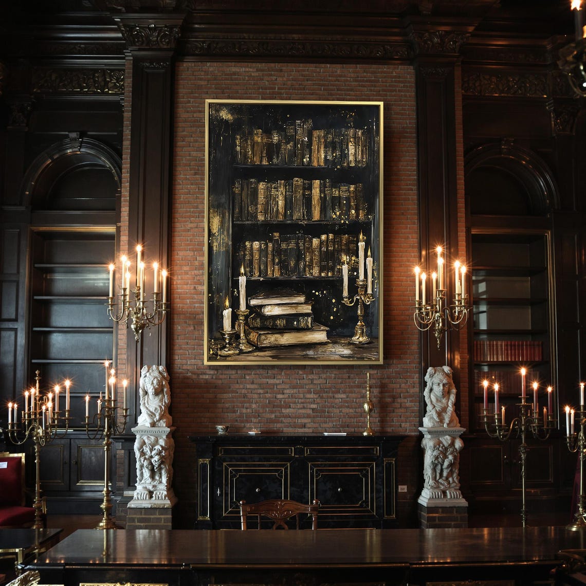 Vintage Library Bookcase With Candles Dark Academia Book Poster - Image 2
