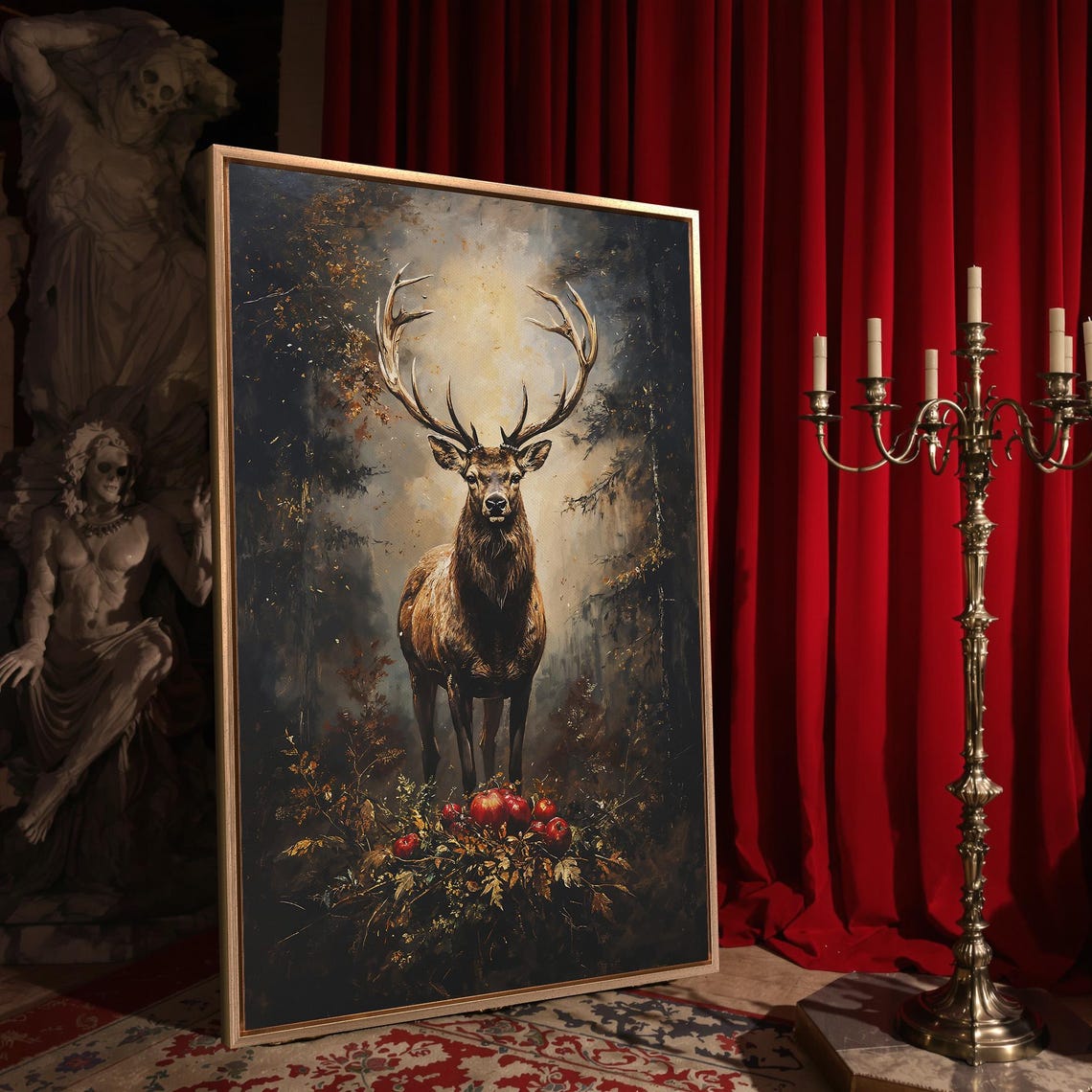 Majestic Stag Among Red Apples In Misty Vintage Forest Painting Poster - Image 4