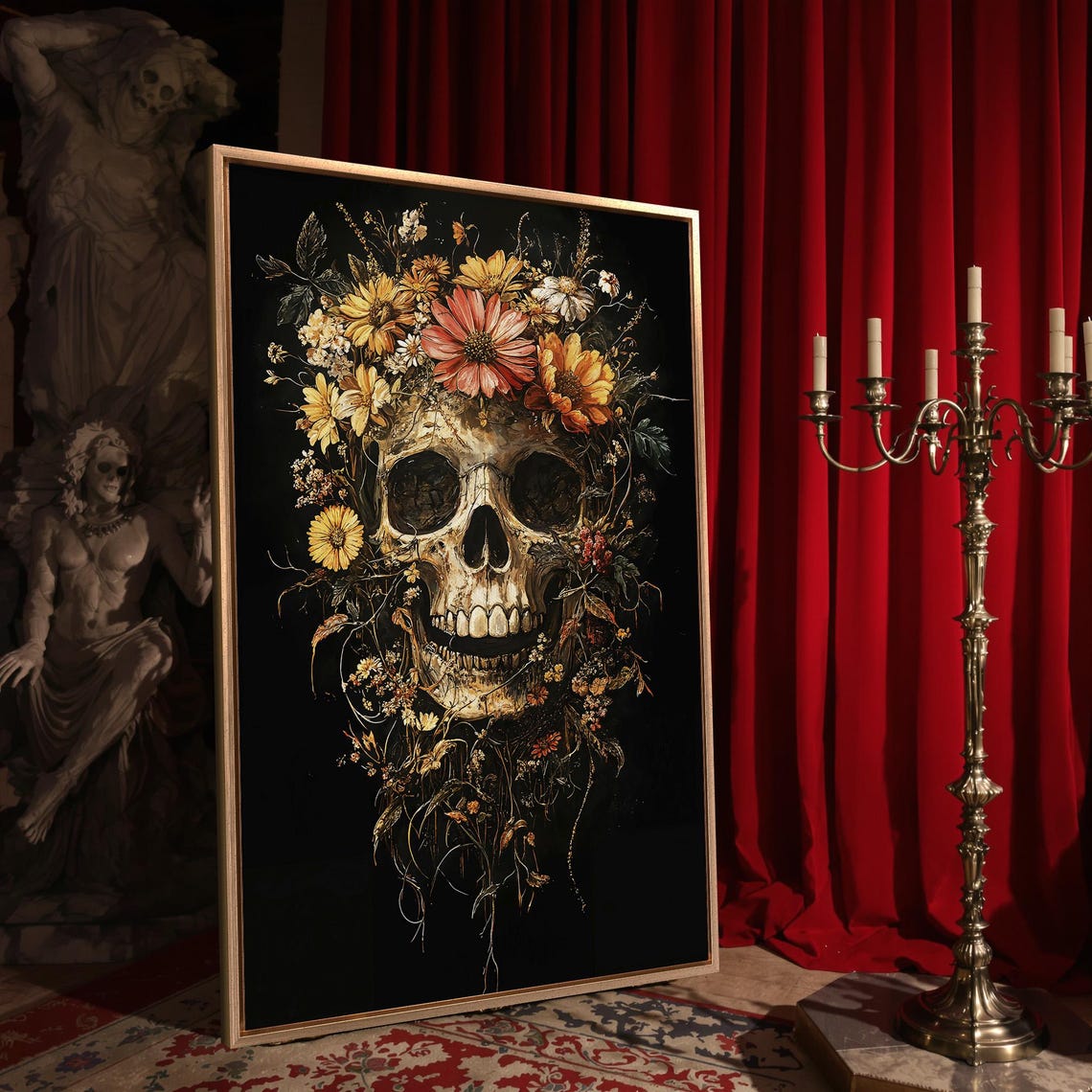 Floral Skull Crowned With Golden Yellow Wildflowers Dark Art Poster - Image 4
