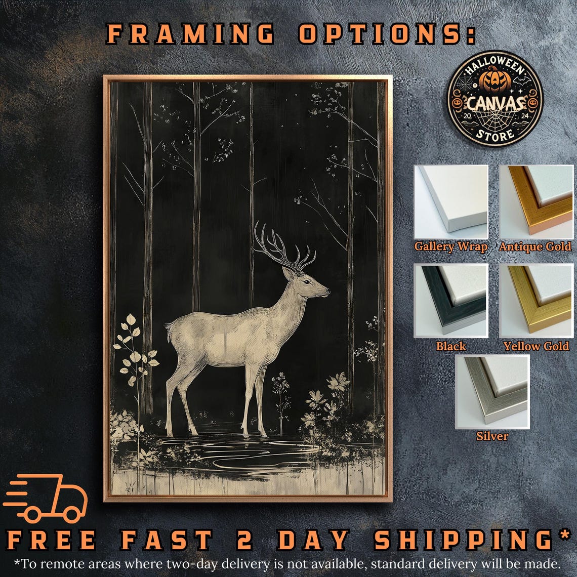 White Stag Standing In Dark Black Forest Minimalist Night Scene Poster - Image 5