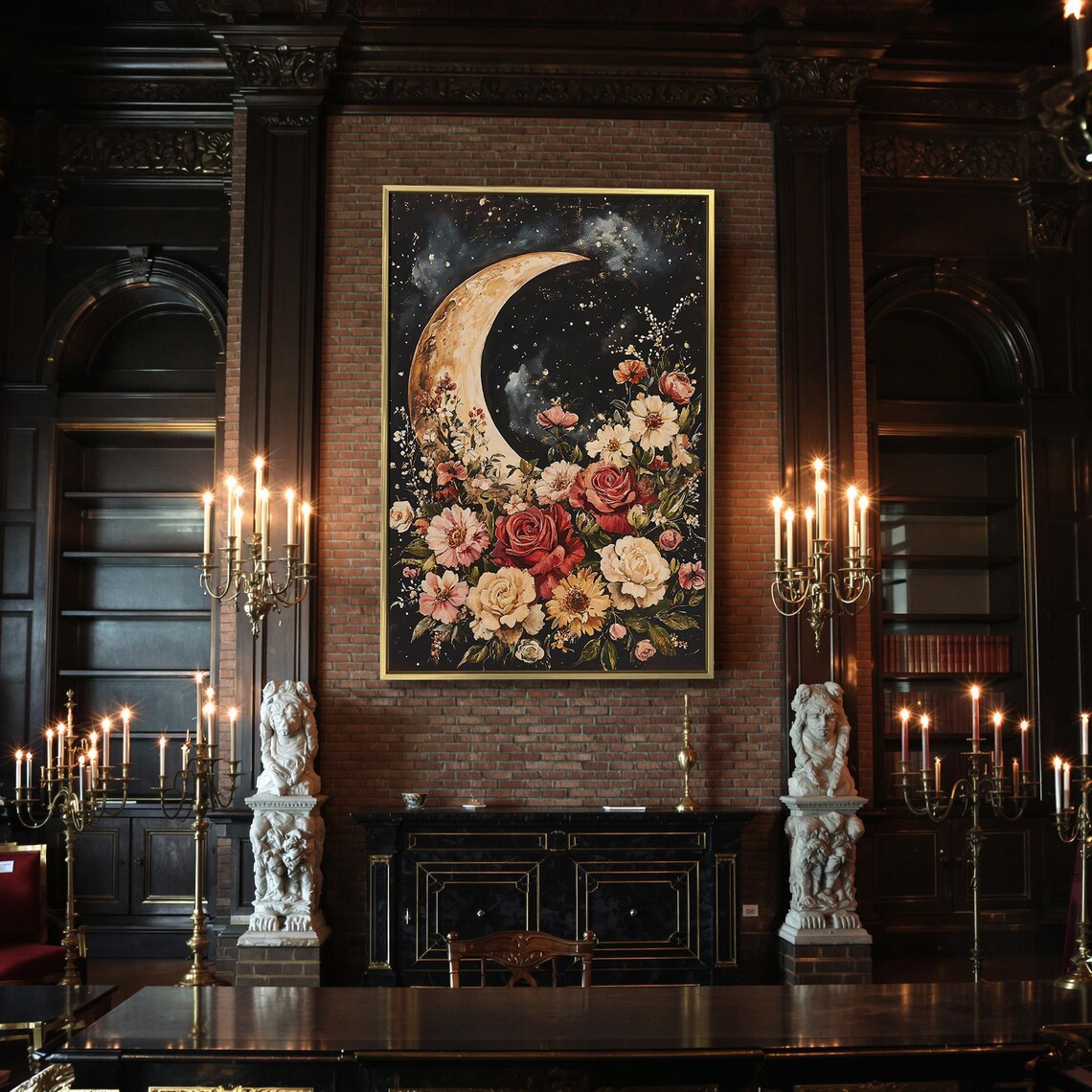 Crescent Moon Blooming Flowers Starry Night Celestial Dark Botanical Wall Poster - Image 2