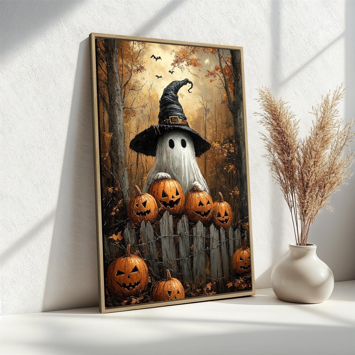 Ghost Wearing Witch Hat Halloween Poster, Rustic Decor - Image 3