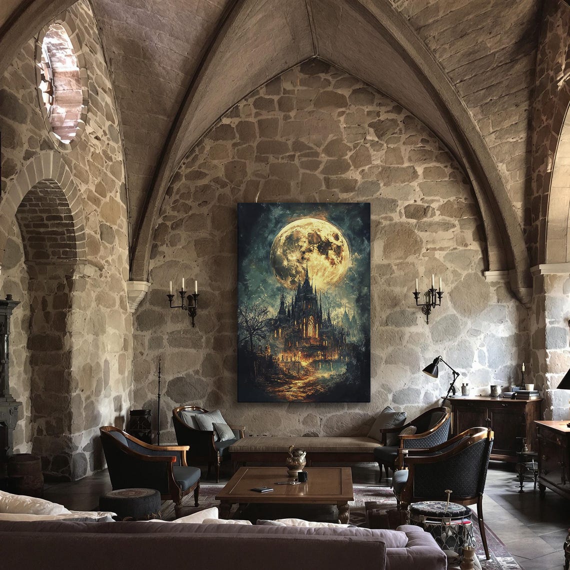 Dark Gothic Cathedral Beneath Giant Full Moon Night Sky Poster - Image 3