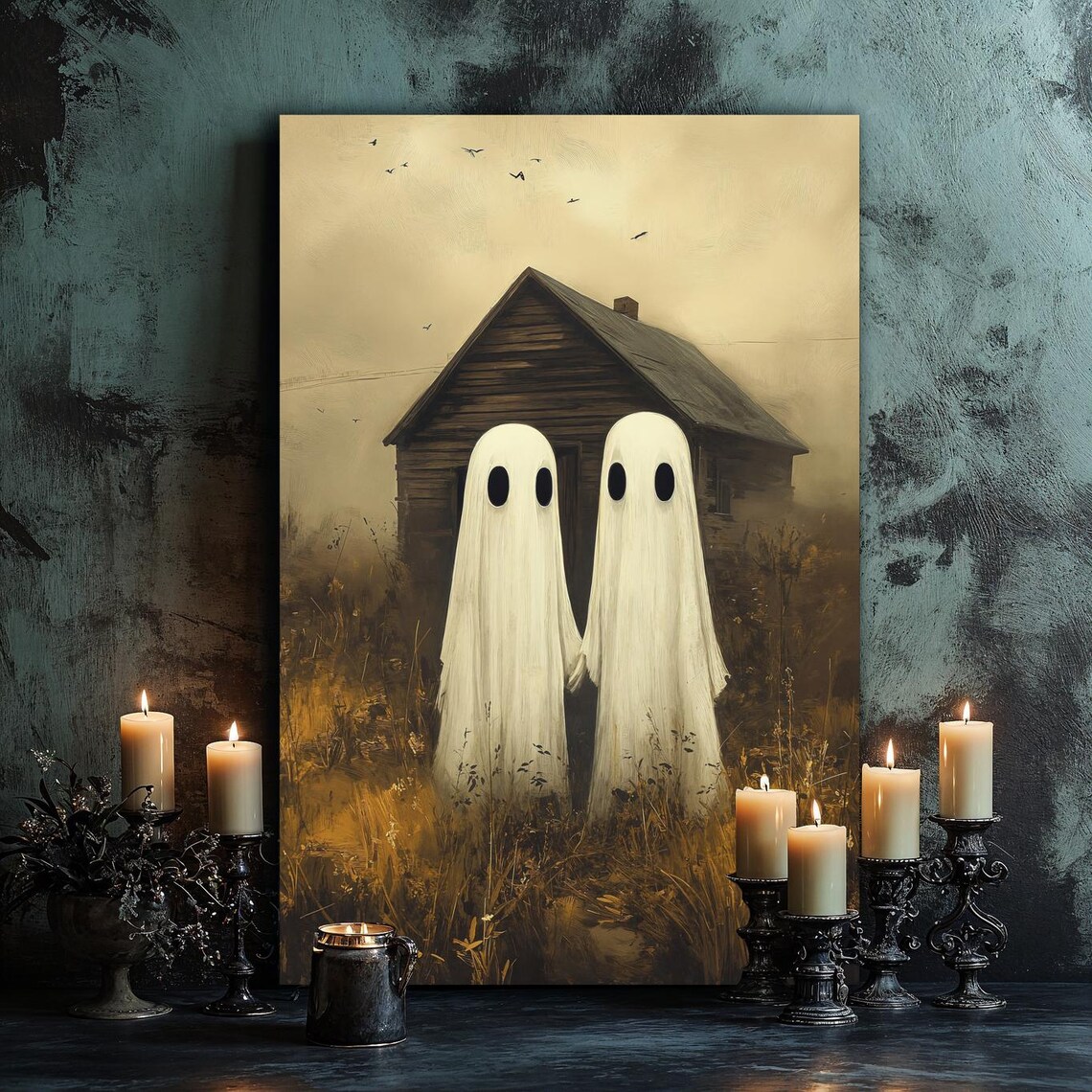 Ghost Couple Holding Hands Rustic Barn Vintage Cute Halloween Spooky Wall Poster - Image 4
