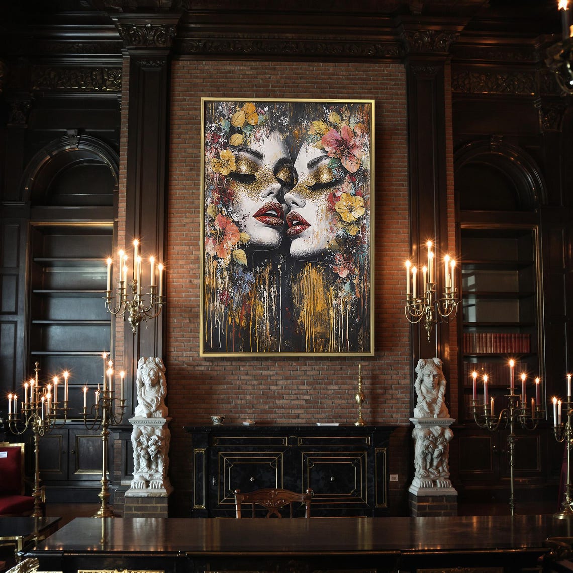 Glamorous Women Faces With Gold Glitter Eyes Floral Painting Poster - Image 2