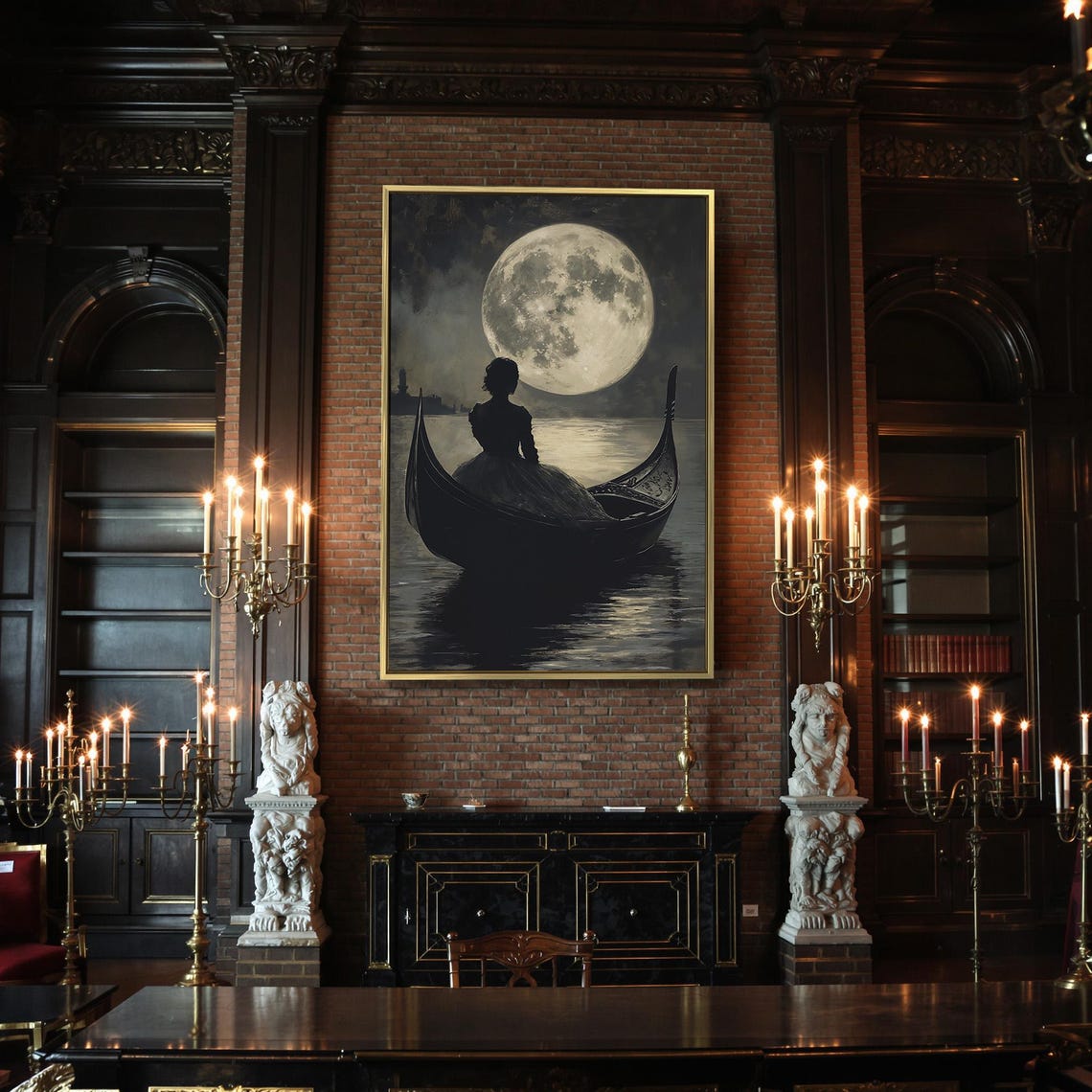 Gothic Woman in Gondola Beneath Pale Glowing Full Moon Night Poster - Image 2