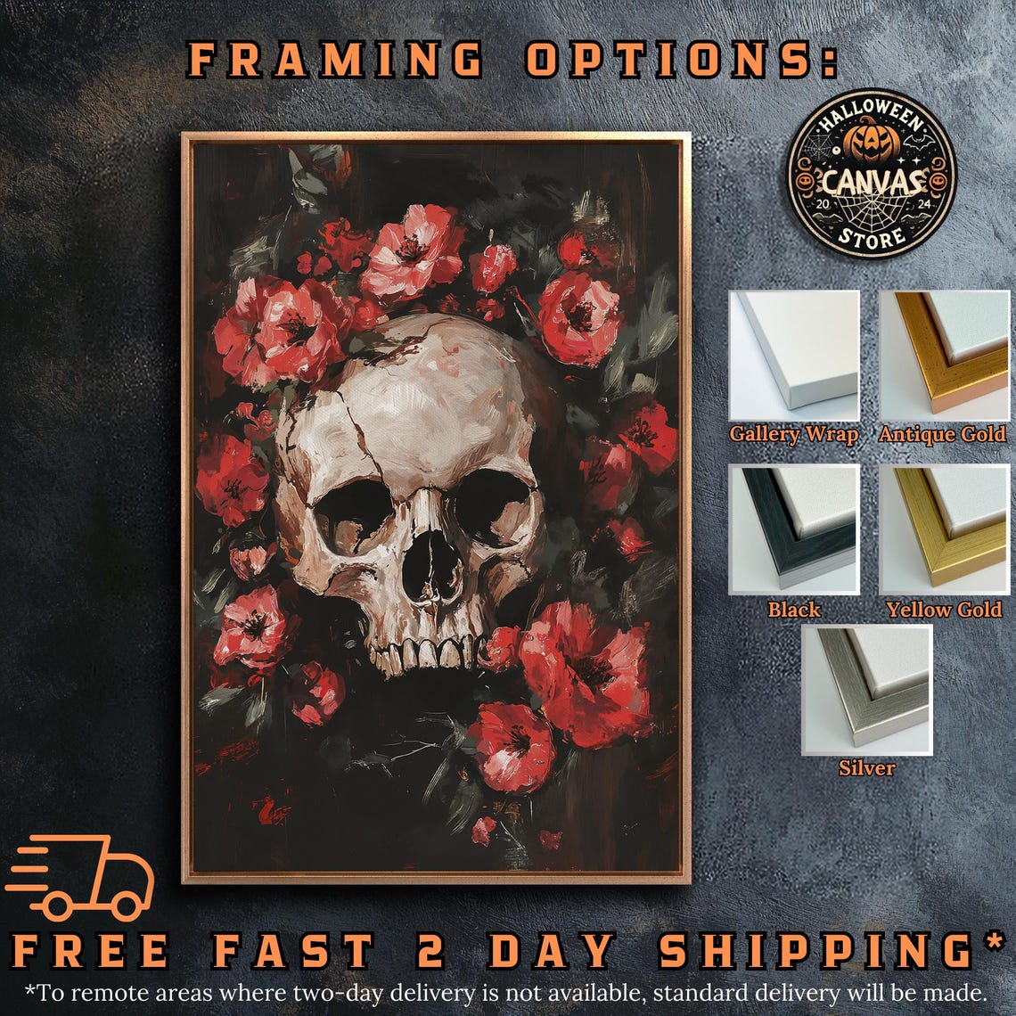 Floral Skull With Red Blossoms Painterly Dark Botanical Art Poster - Image 5