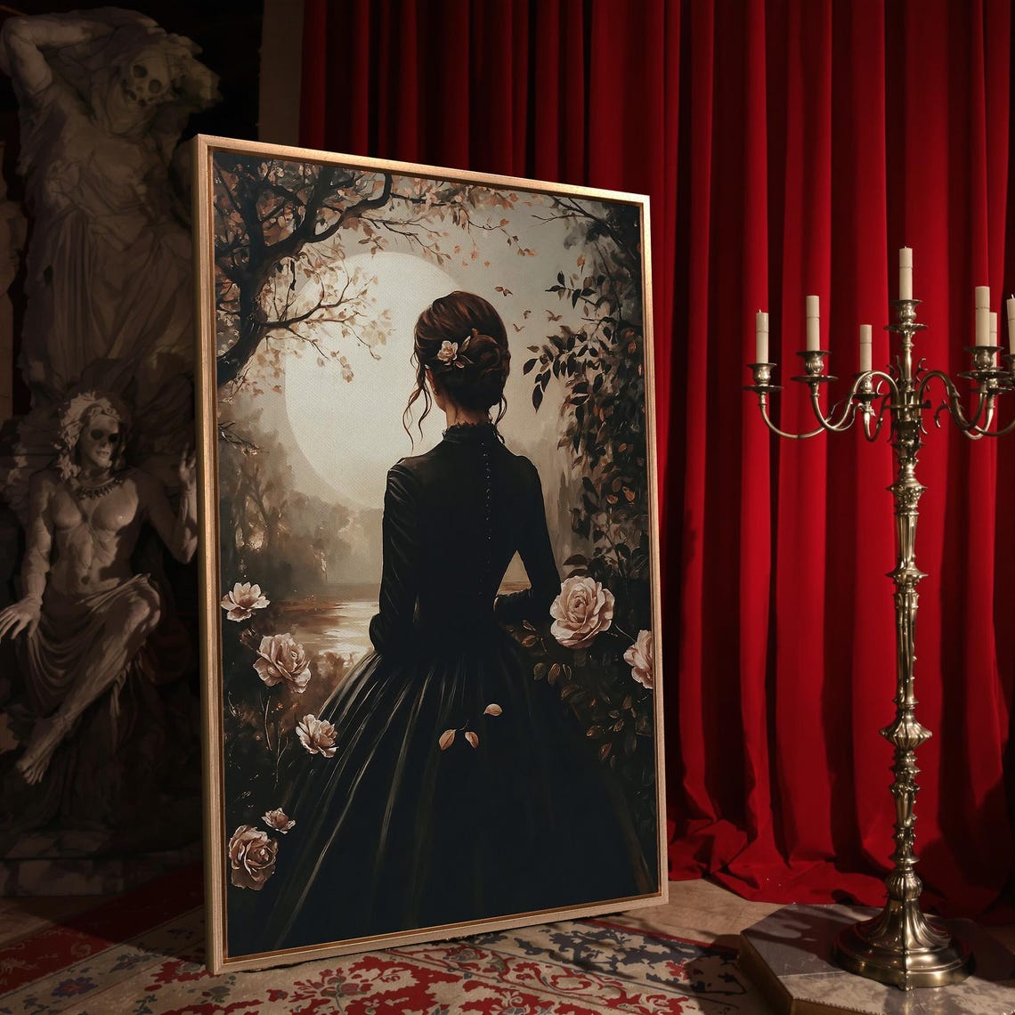 Romantic Portrait Of A Girl Framed Wall Art Victorian Woman In The Floral Garden Painting Print Dark Botanical Decor Ready To Hang - Image 4