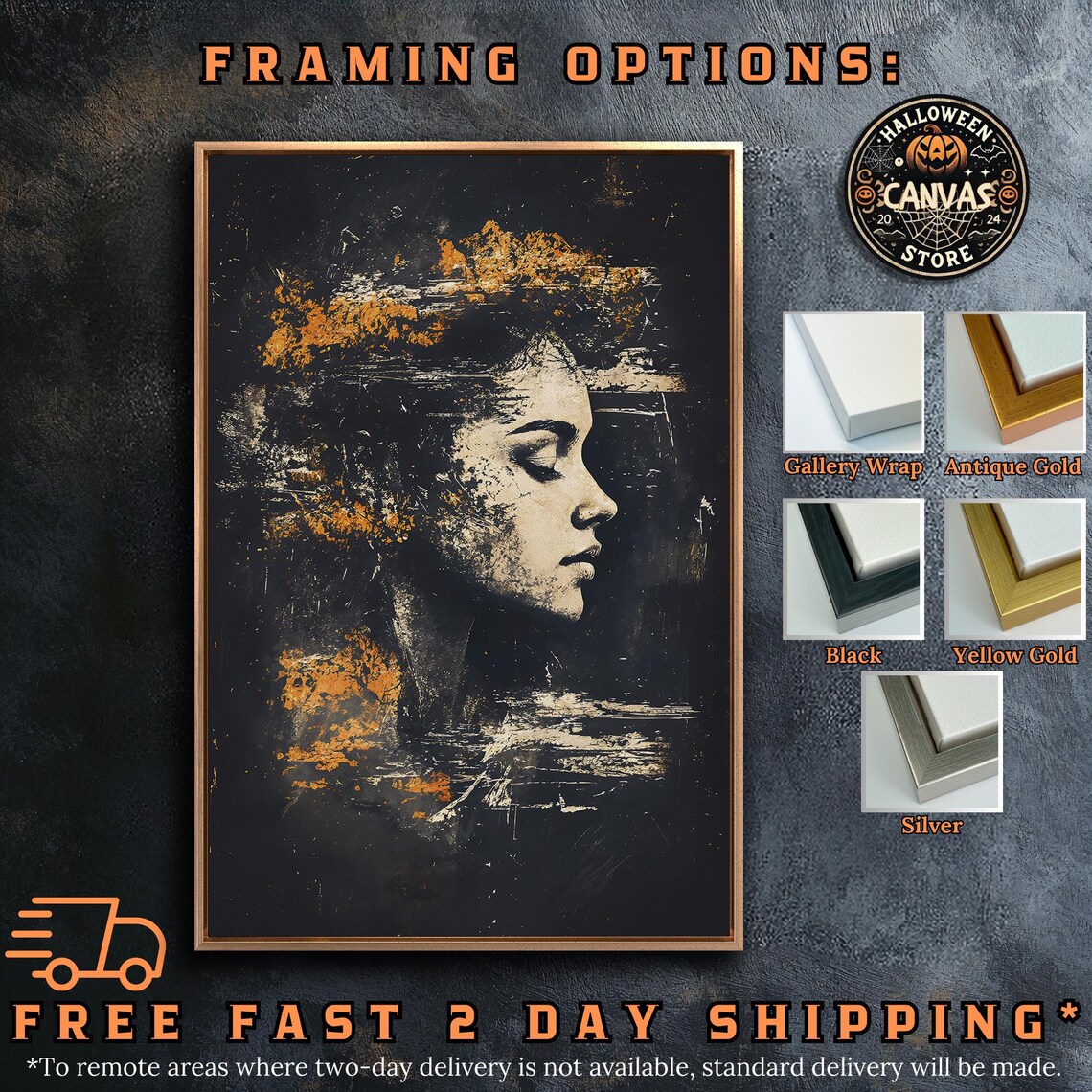 Woman Profile Facing Right Black Gold Grunge Textured Dark Moody Art Poster - Image 5