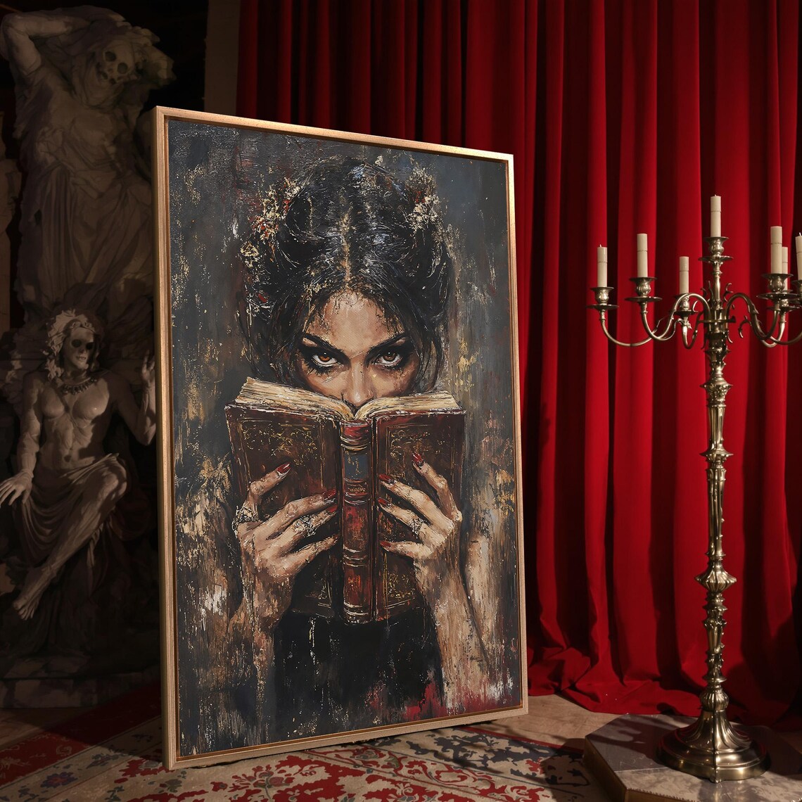 Intense Woman Eyes Over Open Leather Book Dark Gothic Reader Portrait Wall Art - Image 4