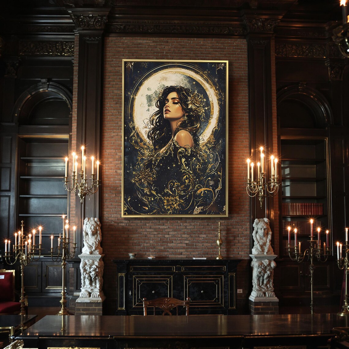 Celestial Goddess Full Moon Halo Flowing Hair Black Gold Mystical Wall Art - Image 2