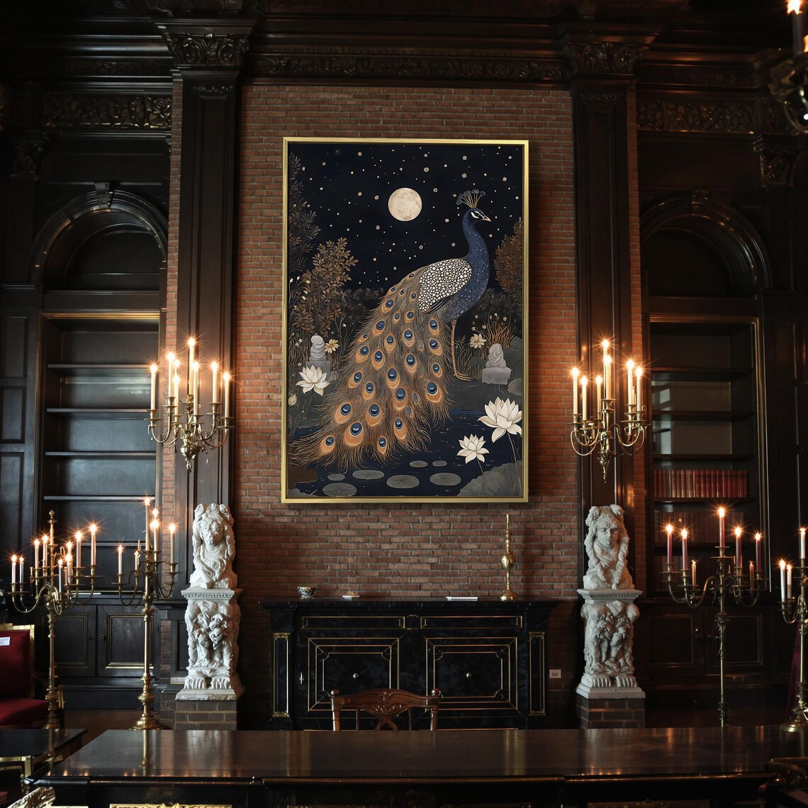 Peacock Under Full Moon Starry Night Lotus Pond Dark Botanical Wall Art - Image 2
