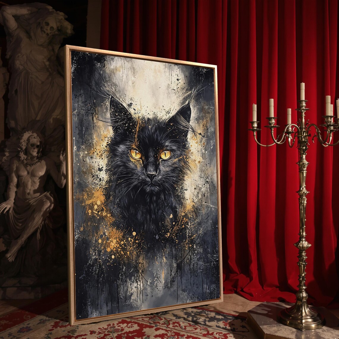 Black Cat Orange Eyes Dark Gold Abstract Dripping Paint Mystical Wall Poster - Image 4